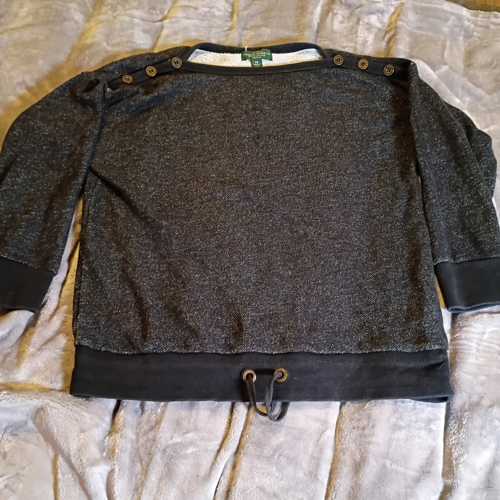 Lauren Ralph Lauren Petite PS Gray Button‎ Shoulder Drawstring Sweatshirt Top